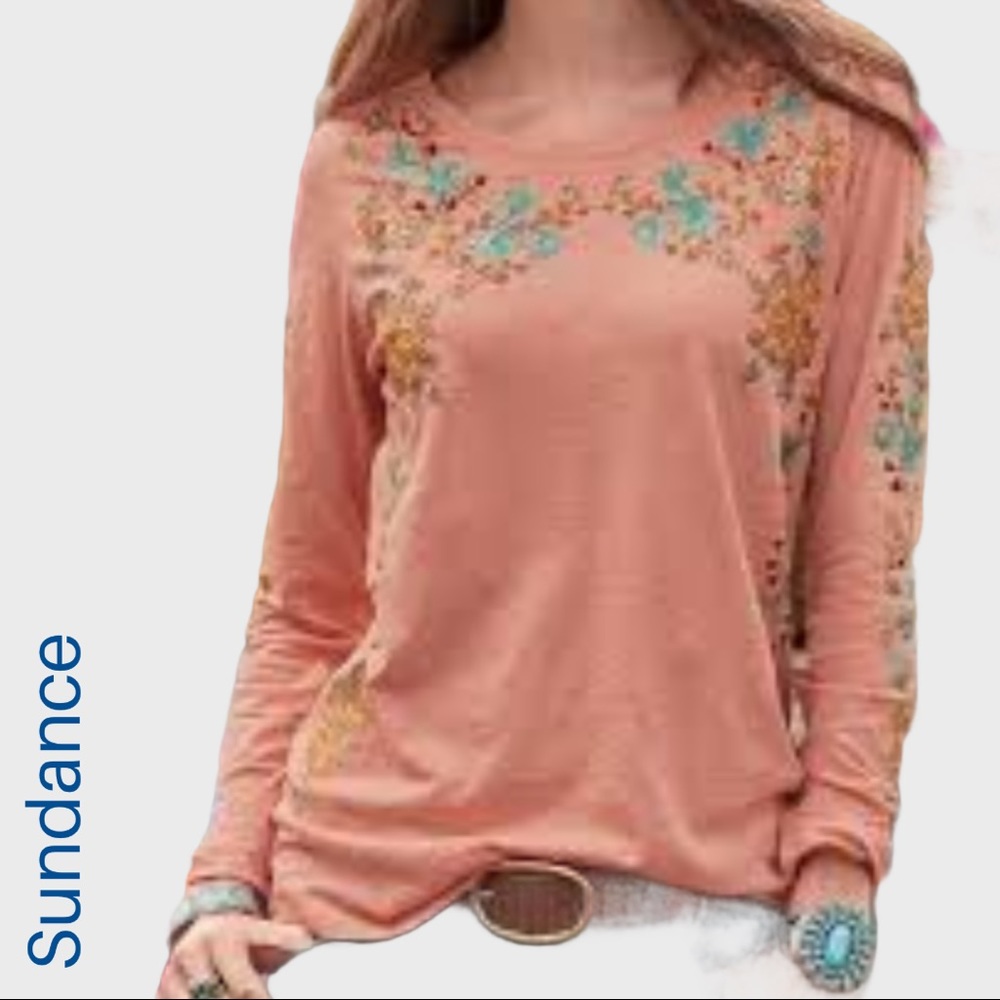 Sundance Peach Floral Embroidered Long-Sleeve Top
